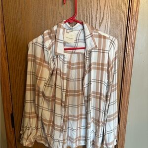 Thread & Supply Plaid Button Flannel in Cream and Beige Stripes